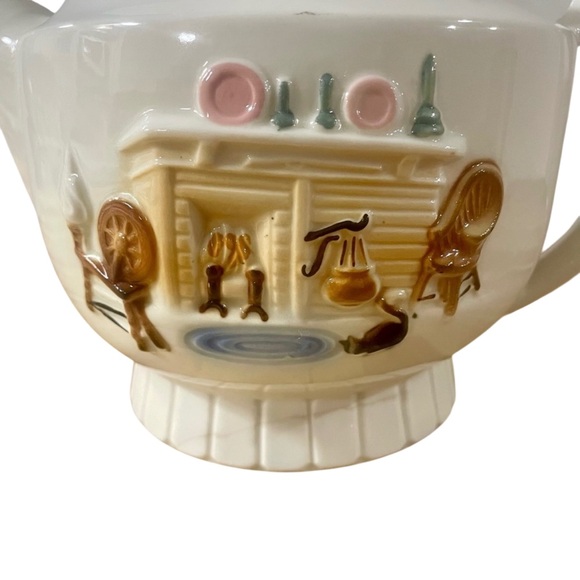 Vintage 1940’s Porceleir Vitreous Tea Pot Raised Hearth Fire Place Scene Cottage - Picture 3 of 10